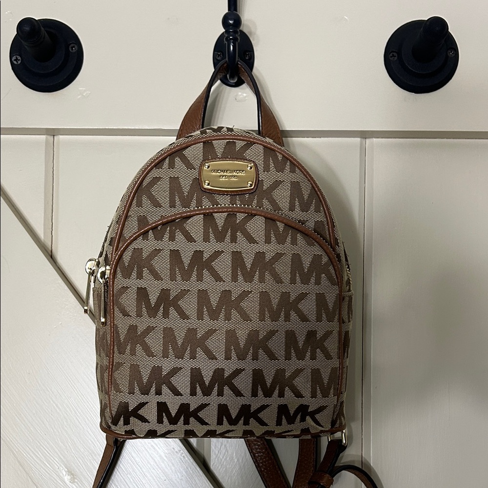 Authentic Michael Kors Tan and Brown Monogram Small Backpack